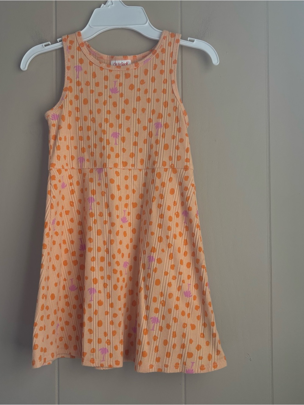 Cat & Jack Girls 5T Orange Palm Tree Polka Dot Ribbed Tank Dress